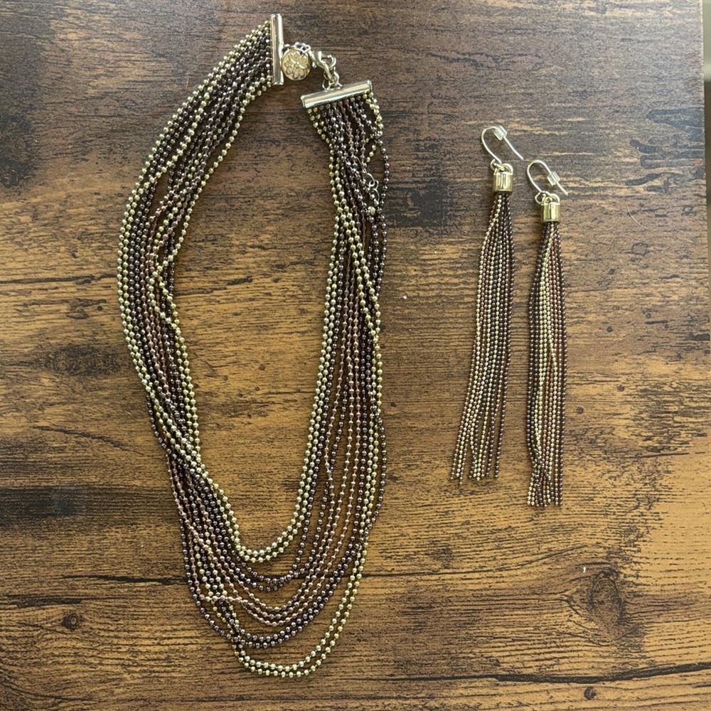 Elegant Gold and Bronze Beaded Necklace and Earring Set